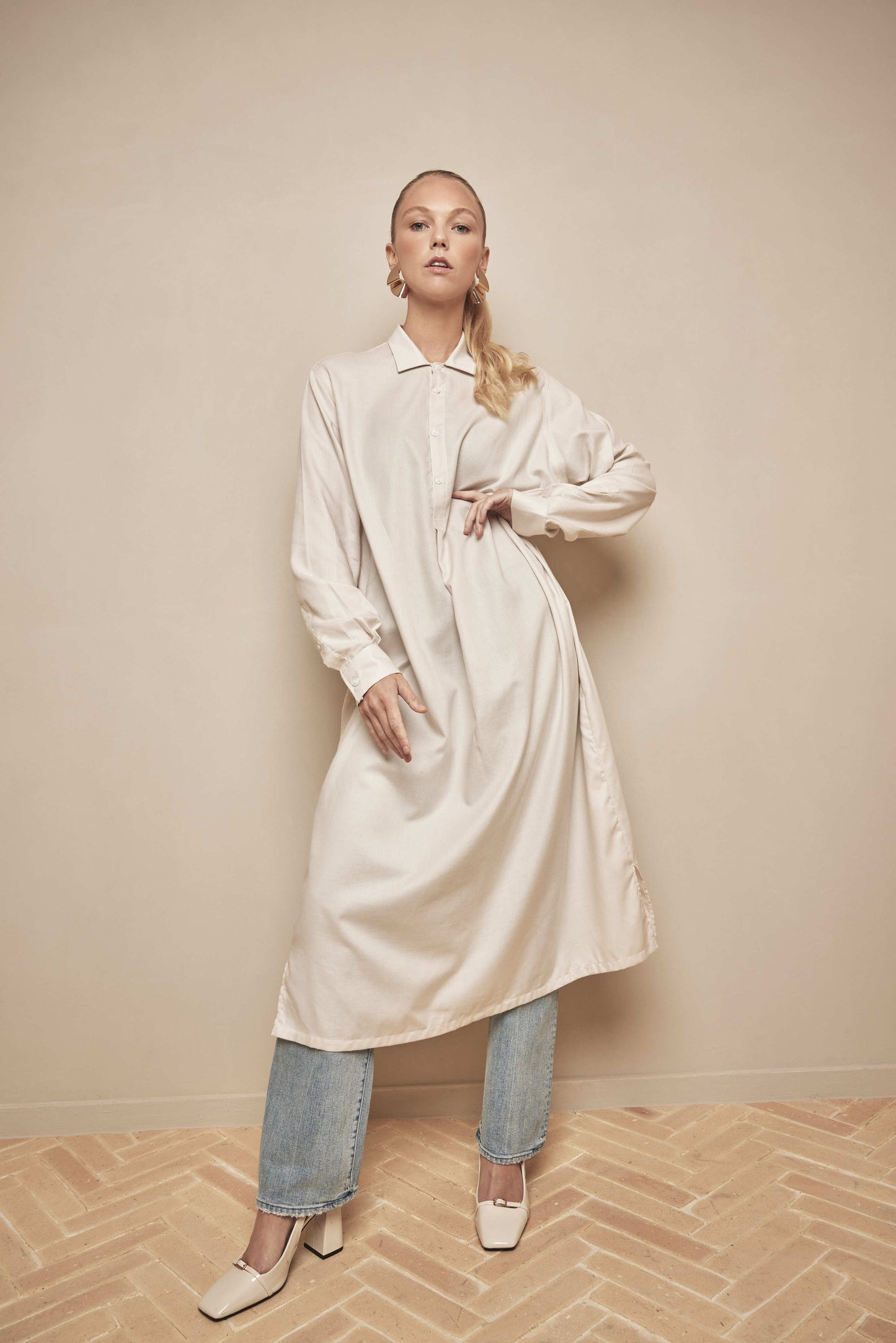 Oversized beige shirt dress